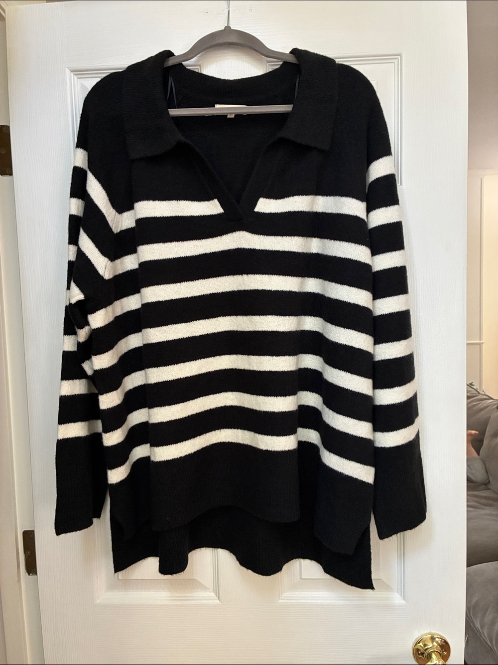 Striped V-Neck Collared Sweater in Black and White